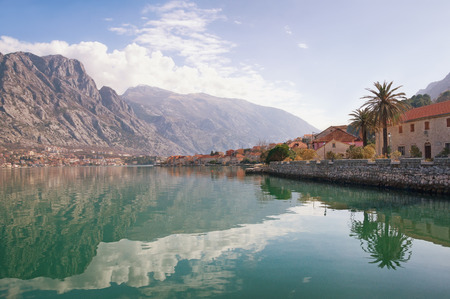 Winter view of the coast of Kotor Bay and the town of Prcanj. Montenegroの写真素材