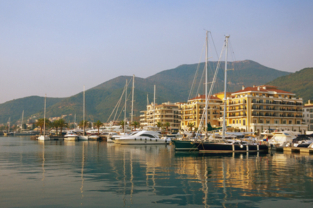 View of  Porto Montenegro - full service yacht marina in the Adriatic. Bay of Kotor, Tivat city, Montenegroの写真素材