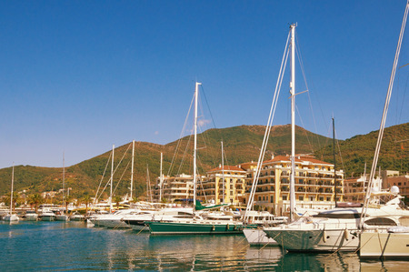 View of Porto Montenegro - yacht marina in the Adriatic. Bay of Kotor, Tivat, Montenegroの写真素材