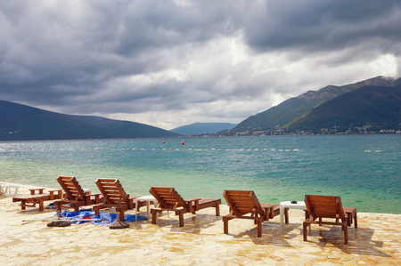 Changeable weather. Bay of Kotor near Tivat town, Montenegro, autumnの写真素材