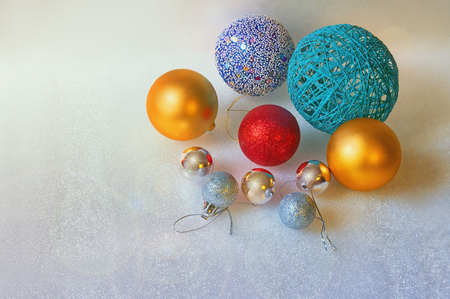 Bright Christmas balls on white background with free space for textの写真素材