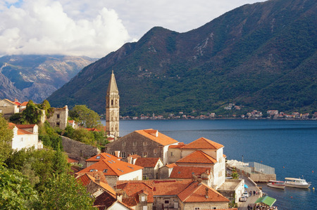 View of the old town of Perast with the bell tower of the church of St. Nicholas. Bay of Kotor, Montenegro, autumnの写真素材