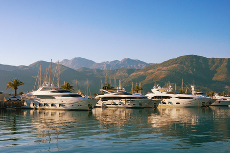 View of luxury yacht marina of Porto Montenegro in Adriatic. Tivat,  Montenegro. Free space for textの写真素材