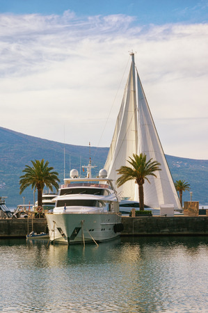 Mediterranean port. View of luxury yacht marina of Porto Montenegro in Adriatic. Bay of Kotor, Tivat,  Montenegroの写真素材