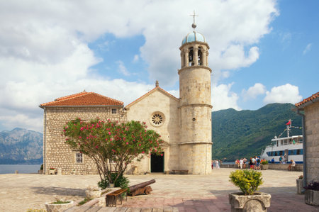 Church on island. Our Lady of The Rocks (Gospa od Skrpjela). Bay of Kotor, Montenegroのeditorial素材