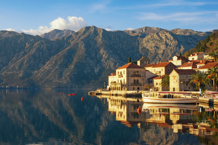 Beautiful Mediterranean landscape. Montenegro. View of Bay of Kotor (Adriatic Sea) and small ancient town of Perast.  Winter travels conceptの写真素材