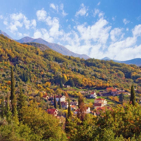 Colorful autumn landscape.  Montenegro, view of the suburb of Tivat city from the slope of the mountainの写真素材