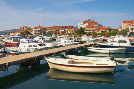 Fishing boats in harbor.  Montenegro, view of Tivat city and  Marina Kalimanjのeditorial素材