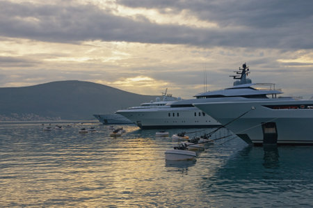 Cloudy Mediterranean landscape.  Montenegro, Tivat, view of marina of Porto Montenegroのeditorial素材