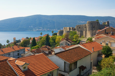 Beautiful Mediterranean landscape. Montenegro. View of Herceg Novi city and ancient Sea Fortress ( Forte Mare )のeditorial素材
