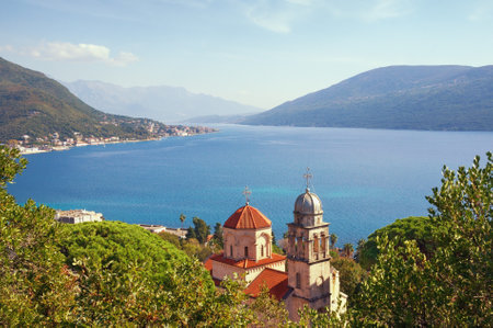 Beautiful autumn Mediterranean landscape. Montenegro, Adriatic Sea. View of Savina Monastery and Bay of Kotor near Herceg Novi cityのeditorial素材