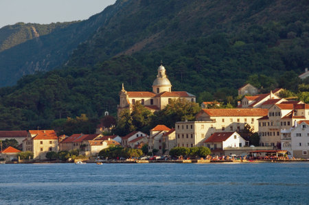 Beautiful Mediterranean landscape. Montenegro, Adriatic Sea, Bay of Kotor.  View of ancient town of Prcanj and Birth of Our Lady church on sunny summer dayのeditorial素材