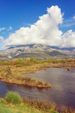 Wetland landscape. Montenegro. View of special botanical and animal reserve Tivat Salina  ( Tivatska Solila ) on a sunny spring dayの写真素材