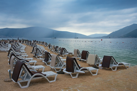 Cloudy day on the beach. Montenegro, Adriatic Sea, view of Bay of Kotor near Tivat cityの写真素材