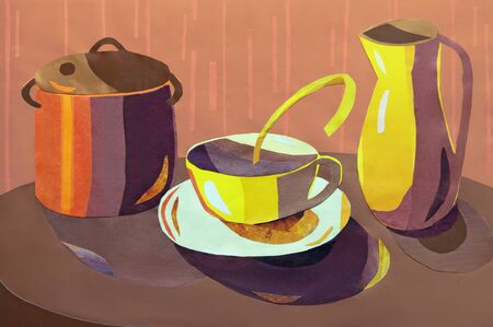 At home. Kitchen still life. Table with dishware -  cup, jug, pan. Application made of colored paper. Hobby conceptの写真素材