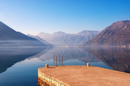 Beautiful winter Mediterranean landscape. Montenegro, Adriatic Sea, view of Bay of Kotor near Kotor...
