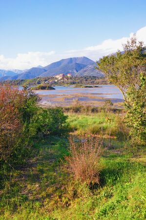 Beautiful wetland landscape. Montenegro, Tivat. View of Tivat Salina  ( Tivatska Solila )  on sunny spring dayの写真素材