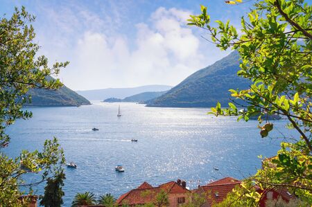 Autumn Mediterranean landscape. Montenegro, Adriatic Sea, Bay of Kotor. View of Verige Strait near Perast townの写真素材