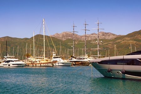 Tivat, Montenegro. May 04 2020 / View of yacht marina of Porto Montenegro on sunny day.  Montenegro, Adriatic Sea, Bay of Kotor, Tivat cityのeditorial素材
