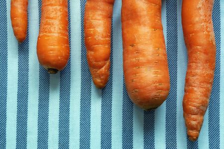 Vegetables. Bright orange carrots on a background of black and white stripesの写真素材