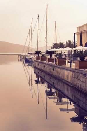 View of yacht marina of Porto Montenegro.  Montenegro, Adriatic Sea, Bay of Kotor, Tivat city. Color toningの写真素材