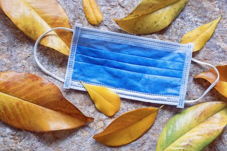 Protective mask and yellow leaves on natural stone background. Autumn colds concept. Ecological pollution problemの写真素材