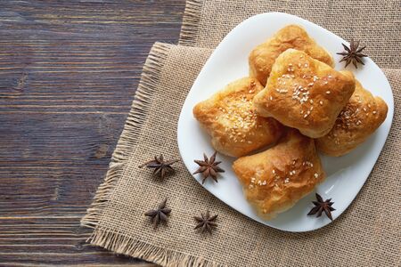 Mantije ( manti ) - pastry,  popular national dish of Balkan cuisine.  Flat lay, space for textの写真素材