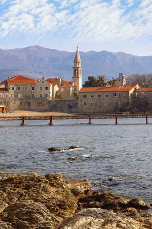 Beautiful Mediterranean landscape. Montenegro. View of Old Town of Budva on sunny winter dayのeditorial素材