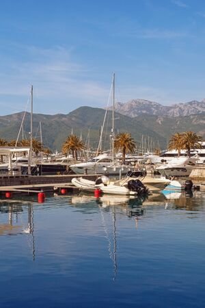 Yacht marina. View of marina of Porto Montenegro on sunny autumn day.  Montenegro, Adriatic Sea, Tivat cityの写真素材