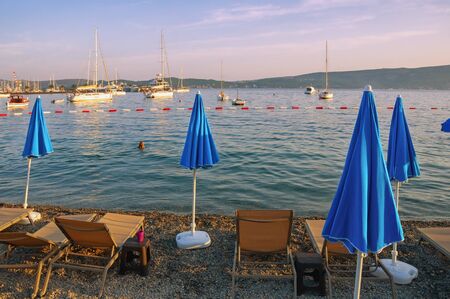 Summer beach vacation. Mediterranean evening. Montenegro,  Adriatic Sea, Bay of Kotor, Tivat cityの写真素材