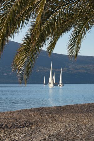 Beautiful winter Mediterranean landscape with sailing boats on water. Montenegro. View of Bay of Kotor near Tivat cityの写真素材