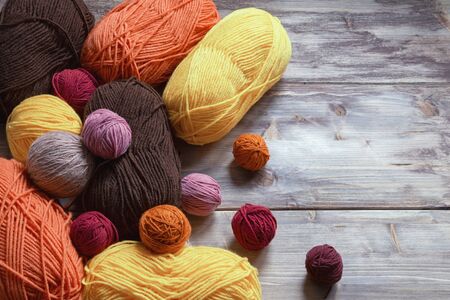 Balls and skeins of wool. Hobby concept, knitting and crocheting. Copy spaceの写真素材