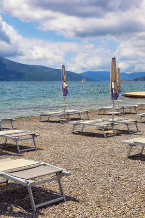 Summer beach vacation,  problems of  tourist season 2020. Beautiful Mediterranean landscape.  Montenegro,  Adriatic Sea, Bay of Kotor, Tivat cityの写真素材