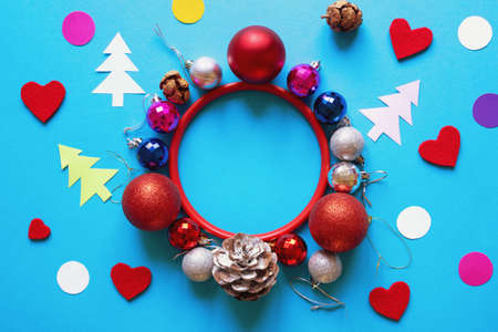 Christmas decorations. Bright colorful Christmas balls of different sizes. Flat lay, free space for textの写真素材