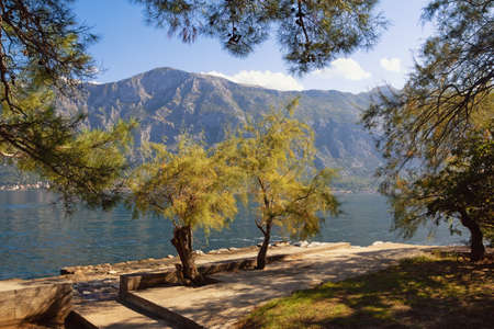 Beautiful Mediterranean landscape. Montenegro, Adriatic Sea, coast of Kotor Bay on calm autumn day near Prcanj townの写真素材