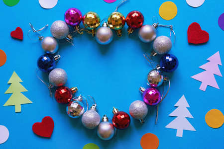 Bright colorful Christmas decorations. Flat lay, free space for textの写真素材