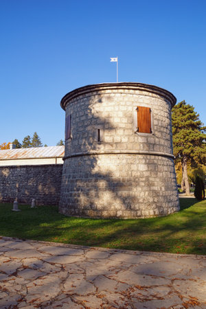 Tower and wall of ancient Billiard Palace ( Biljarda ), former royal residence. Currently, it is part of the National Museum of Montenegro. Cetinje city, Montenegroのeditorial素材