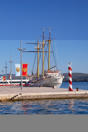 Tivat, Montenegro - June 08 2020 :  View of embankment of Tivat city and training ship Jadran,  Montenegroのeditorial素材