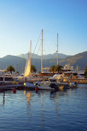View of yacht marina of Porto Montenegro on sunny autumn day.  Montenegro, Bay of Kotor, Tivat cityの写真素材