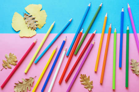 Autumn and school concept. Colored pencils on  colored paper. Yellow autumn leaves in form of butterflyの写真素材