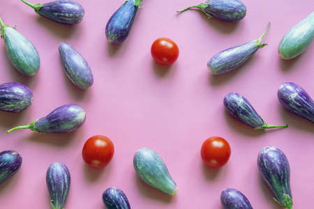 Purple eggplants and red tomatoes on pink paper. Copy spaceの写真素材