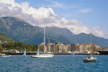 Beautiful summer Mediterranean landscape. View of Kotor Bay near Tivat city. Montenegro, Adriatic Seaの写真素材