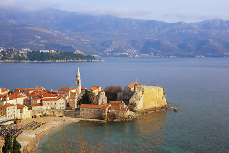 Beautiful winter Mediterranean landscape. Montenegro, Adriatic Sea. View of Old Town of Budvaのeditorial素材