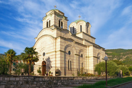 Religious architecture. Montenegro, Tivat city. View of Orthodox Church of Saint Sava on sunny autumn dayのeditorial素材