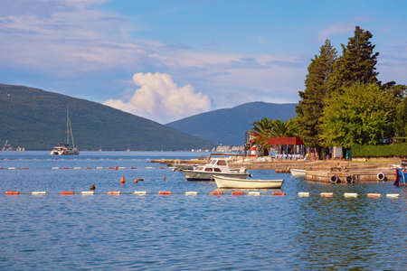 Beautiful Mediterranean landscape on sunny autumn day. Montenegro, Adriatic Sea, view of Kotor Bay near Tivat cityの写真素材
