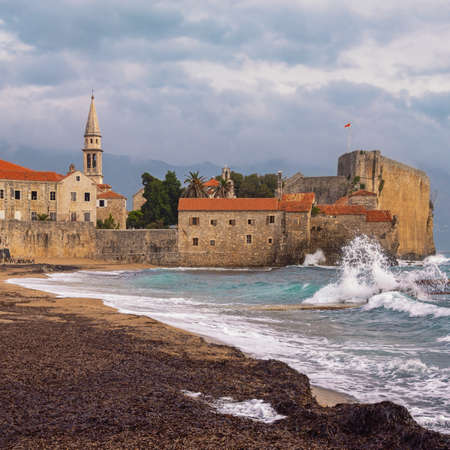 View of Old Town of Budva on windy autumn day. Beautiful Mediterranean landscape.  Montenegroの写真素材