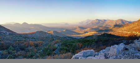 Autumn in mountains, beautiful panoramic landscape. Dinaric Alps, Bosnia and Herzegovina, Republika Srpskaの写真素材