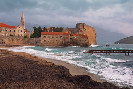 Beautiful Mediterranean landscape on windy autumn day.  Montenegro, view of Old Town of Budvaのeditorial素材