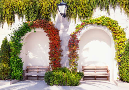 Cozy place to relax. Park benches on embankment of Tivat city on sunny autumn day, Montenegroの写真素材