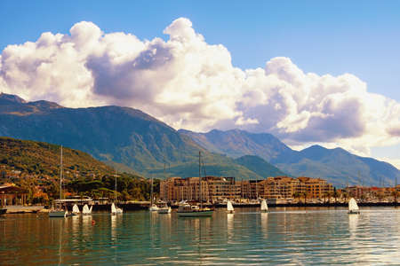 Autumn Mediterranean landscape. View of Bay of Kotor and Tivat  city.  Montenegroの写真素材